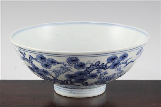 A Chinese blue and white Three Friends bowl, Yongzheng six character mark and of the period, diameter 15.5cm, hairline crack